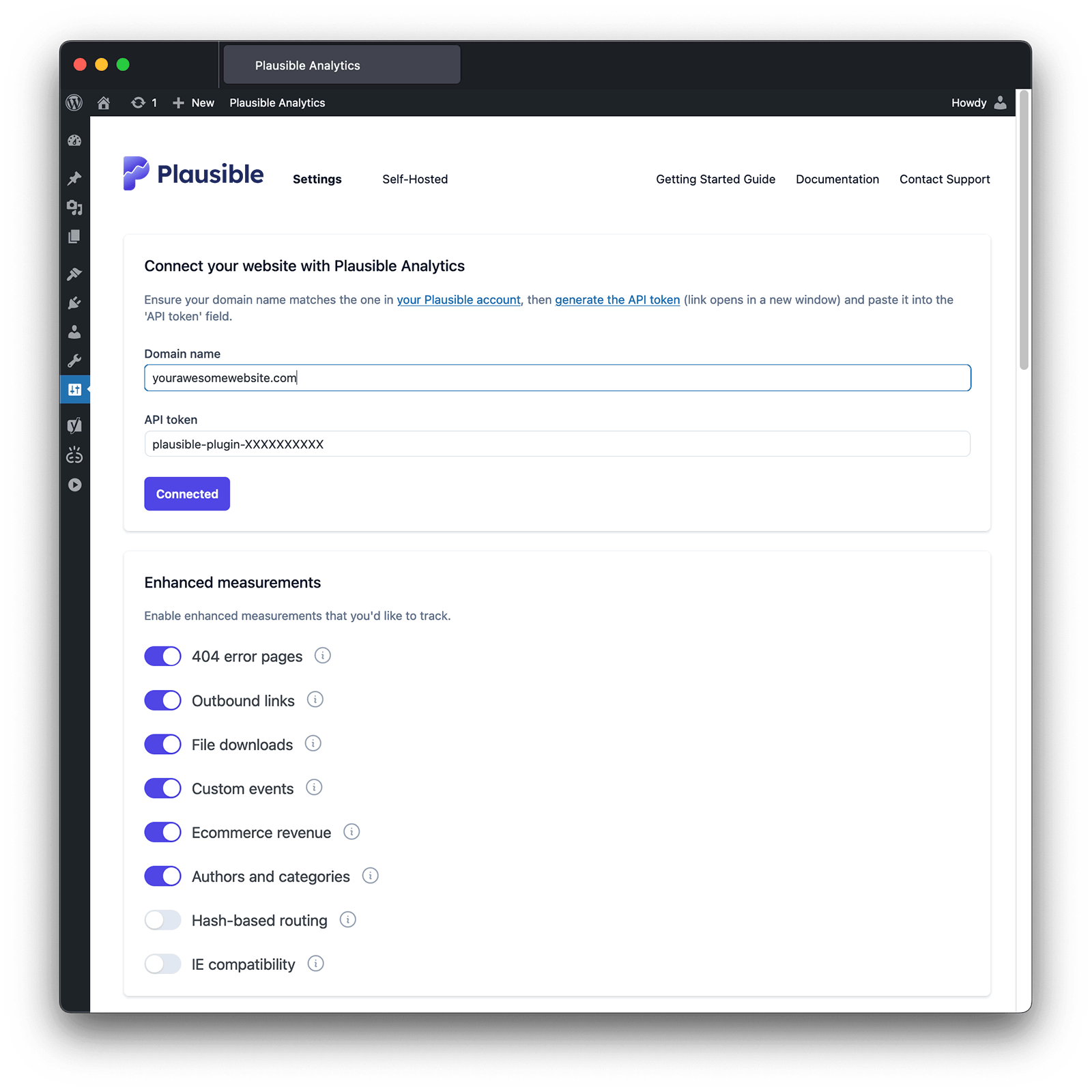 Plausible Analytics WordPress plugin settings